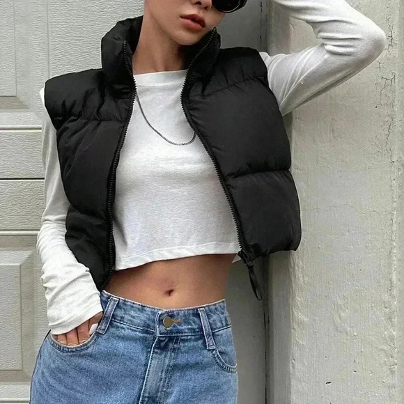 Black Casual Women's Zip Up Crop Vest Puffer Thick Coat - Picture 3 of 9